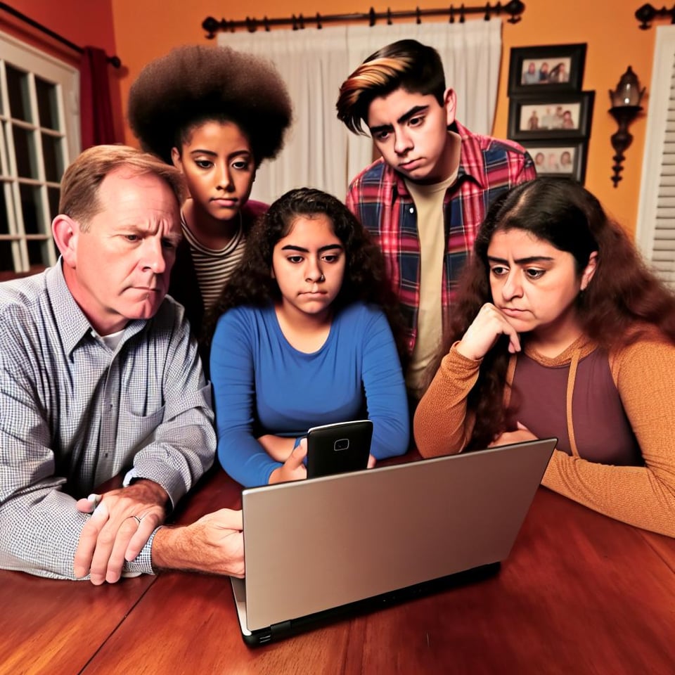 A family sitting around a table looking at various mobile phone plan options on a laptop, with expressions of concentration and interest.